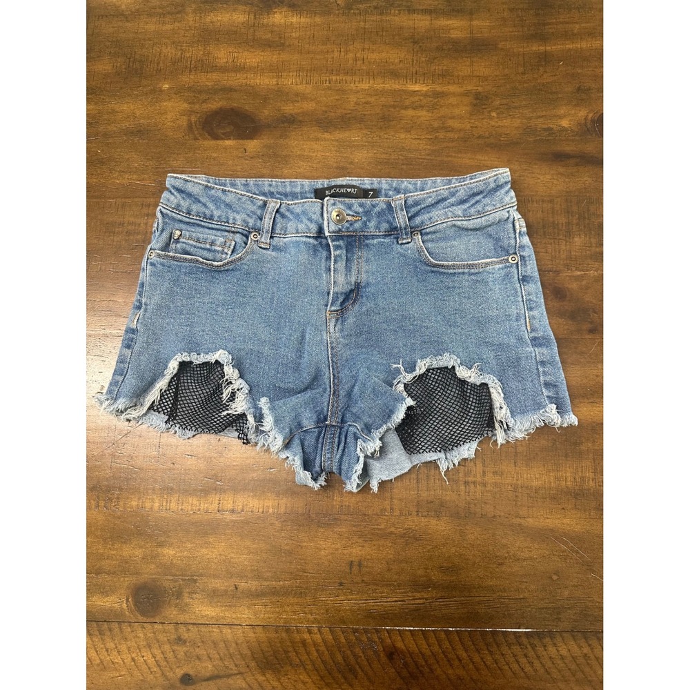 Blackheart Distressed Denim Shorts with Fishnet Mesh Inserts Blue Size 7